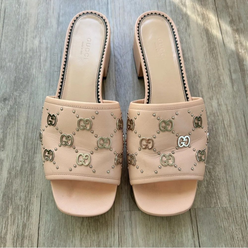 Gucci Malaga Interlocking GG Studs Platform Sandals Size EU38+ Powder Pink